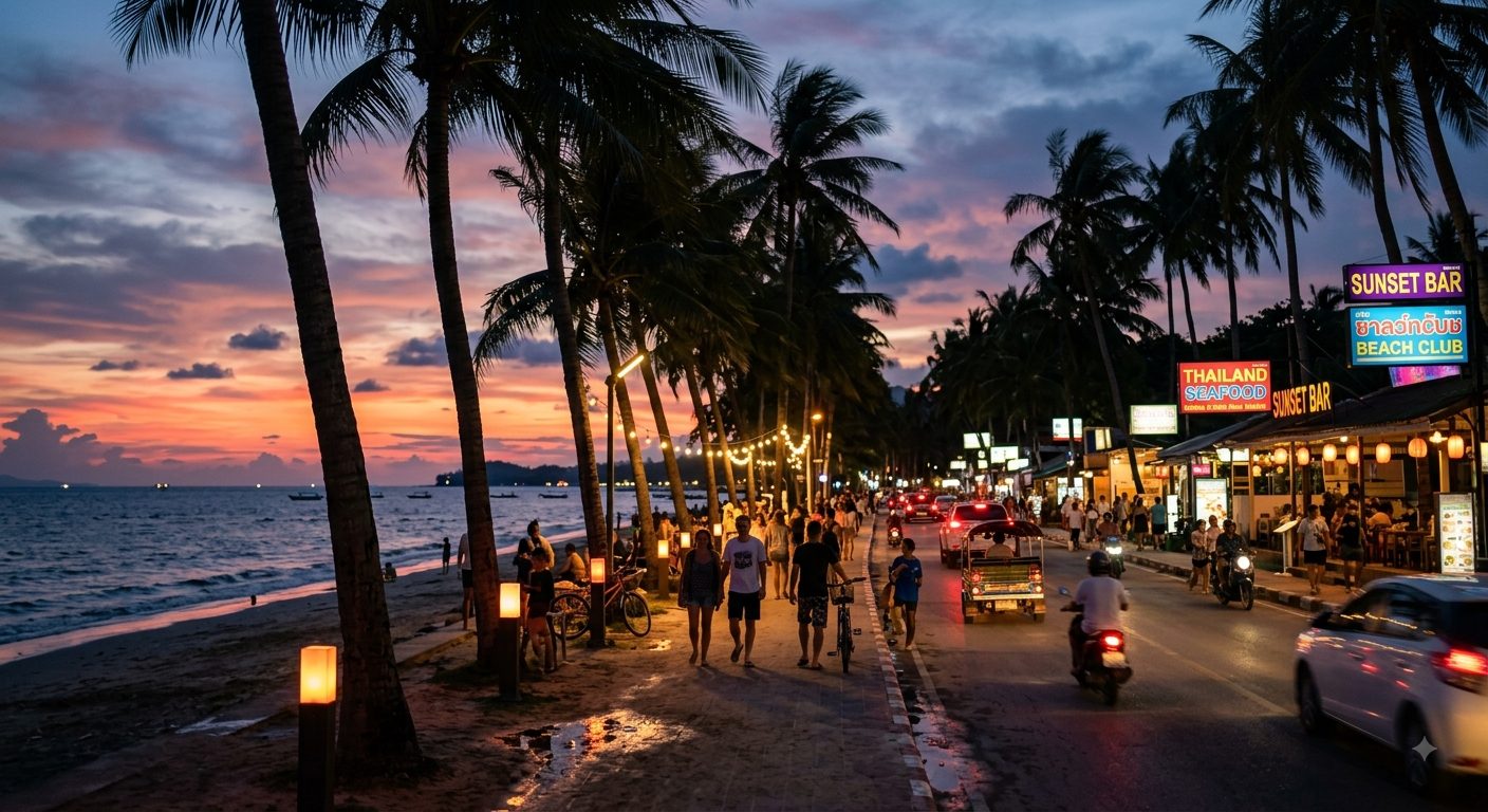 Palm-lined beachfront promenade at dusk, people strolling under glowing signs