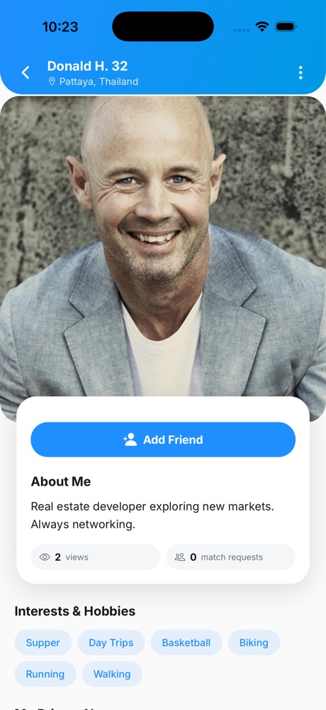 A member's profile — photo, short bio and shared interests